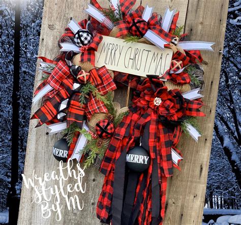 Buffalo Plaid Rag Bow Christmas Wreath Buffalo Check Holiday Winter