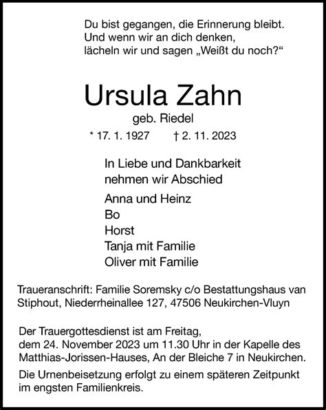 Traueranzeigen Von Ursula Zahn Trauer In Nrw De