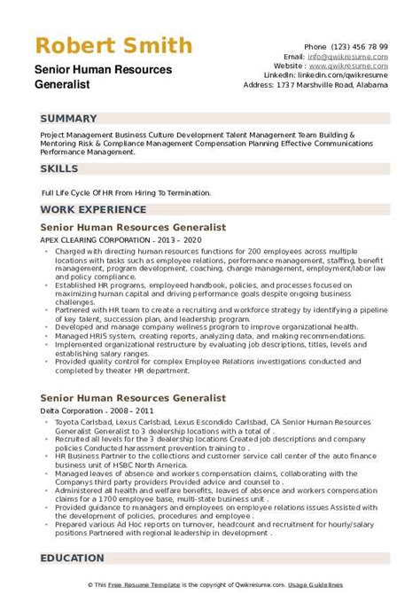 Senior Human Resources Generalist Resume Samples Qwikresume