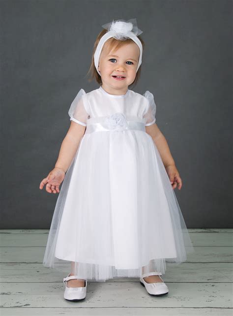 FIN DE STOCK Robe de baptême longue bébé fille blanche avec bandeau NATI