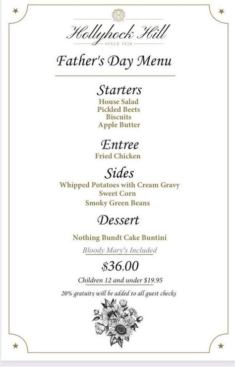 Menu at HollyHock Hill restaurant, Indianapolis