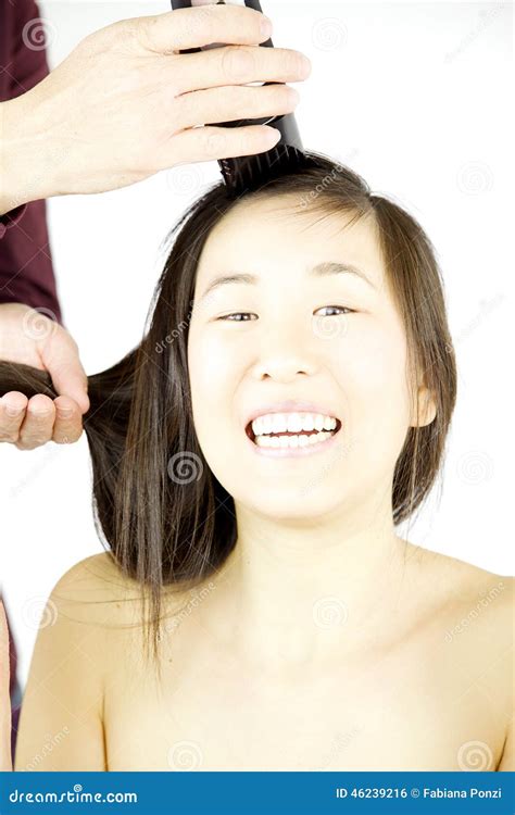 Asian Woman Ready To Shave Her Hair Smiling Stock Photo Image Of