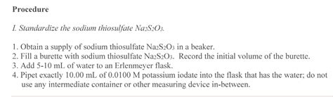 Solved Procedure I Standardize The Sodium Thiosulfate Chegg