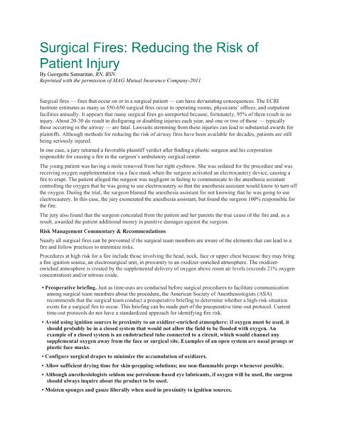 Surgical Fires Reducing The Risk Of Patient Injury