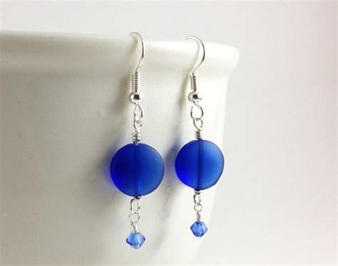 Cobalt Blue Sea Glass Earrings Dark Blue Sea Glass Jewelry Dangle Earrings With Sparkly Crystals