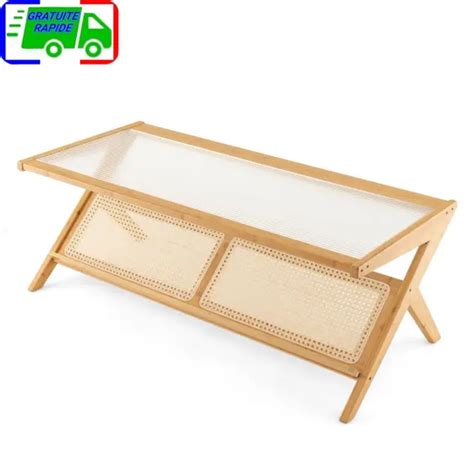 Table Basse En Bambou Table D Appoint Avec Plateau En Verre Tremp