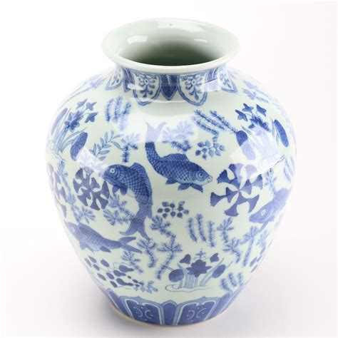 Chinese Blue And White Porcelain Koi Fish Vase Ebth