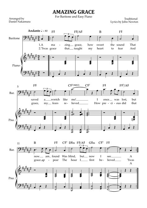 Amazing Grace For Baritone Vocal With Easy Piano Arr Daniel