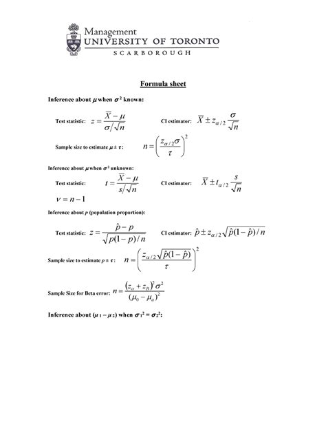 Formula Sheet Mgeb12 Formula Sheet Inference About When 2 Known Test Statistic N X Z