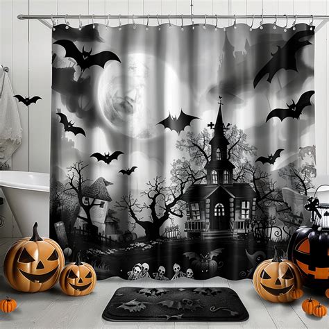 Spooky Gothic Halloween Shower Curtain With Pumpkins And Haunted House