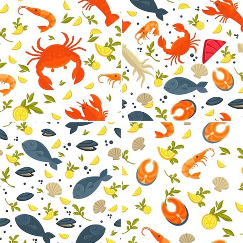 Premium Vector Seafood Seamless Patterns Fish And Lobster Crab And