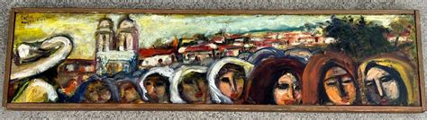 Carlos Lopez Ruiz The People And Village Original Oil Painting On Board