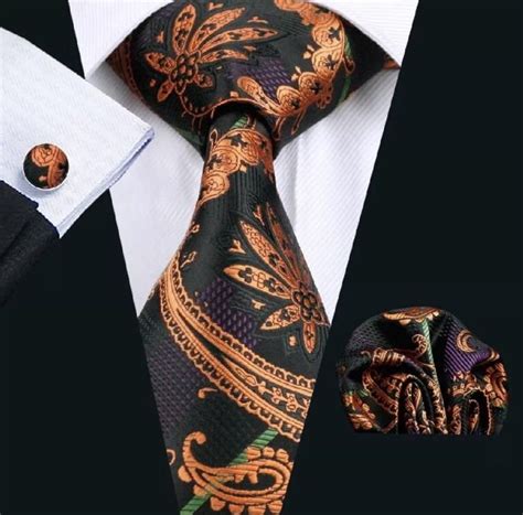 Mens Silk Tie Set Orange Black Purple Paisley In 2021 Necktie Set Silk Necktie Set Purple