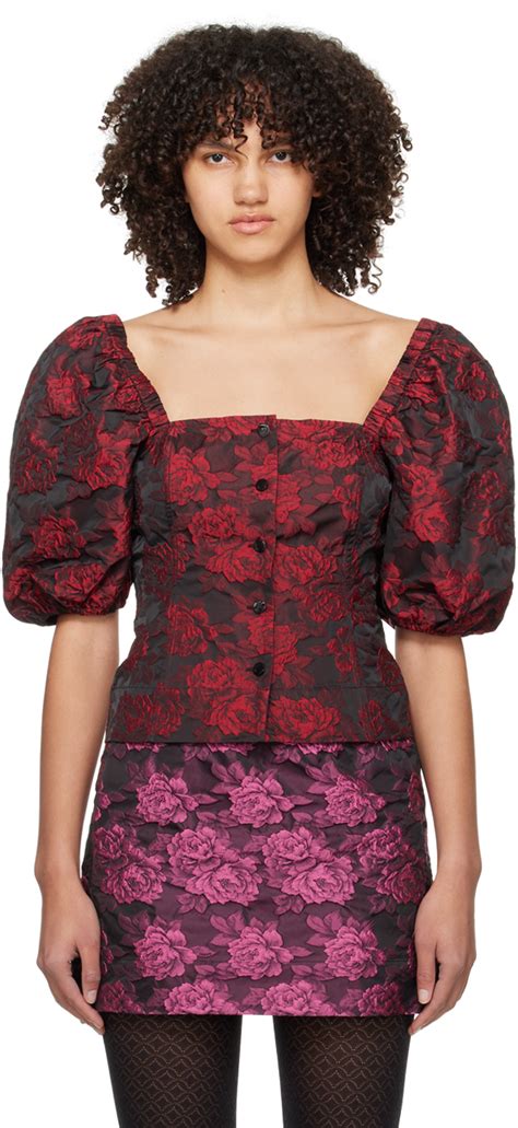 Ganni Chemisier Noir Et Rouge à Motif Fleuri En Tissu Jacquard