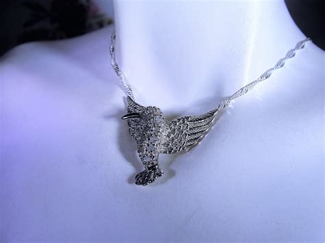 Vintage Sterling Silver Diamond Hummingbird Necklace Pendant 10 CTW