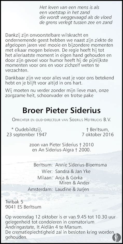 Broer Pieter Siderius Overlijdensbericht En Condoleances