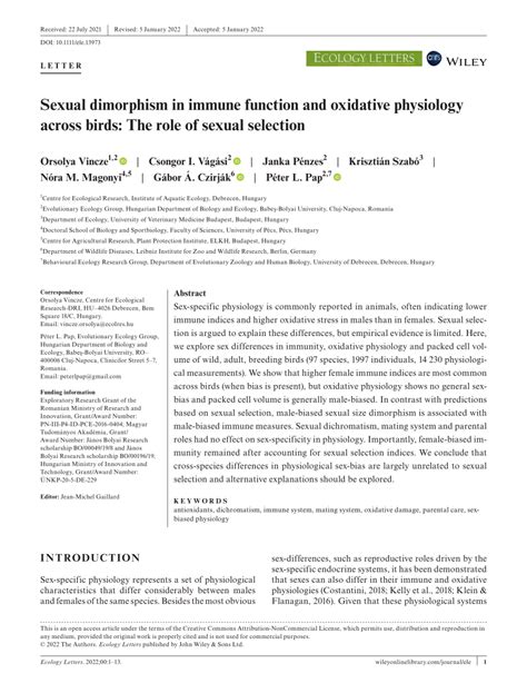 Pdf Sexual Dimorphism In Immune Function And Oxidative Physiology