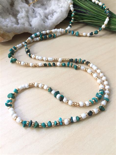 Long Turquoise And Seed Bead Necklace White And Gold Wrap Etsy Beaded Necklace Gold Wrap