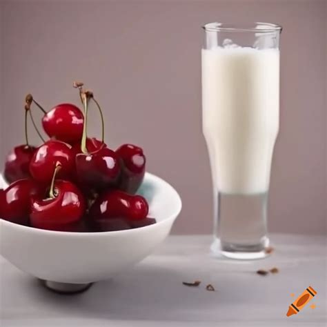 Bowl Of Fresh Cherries And Glass Of Milk On Craiyon