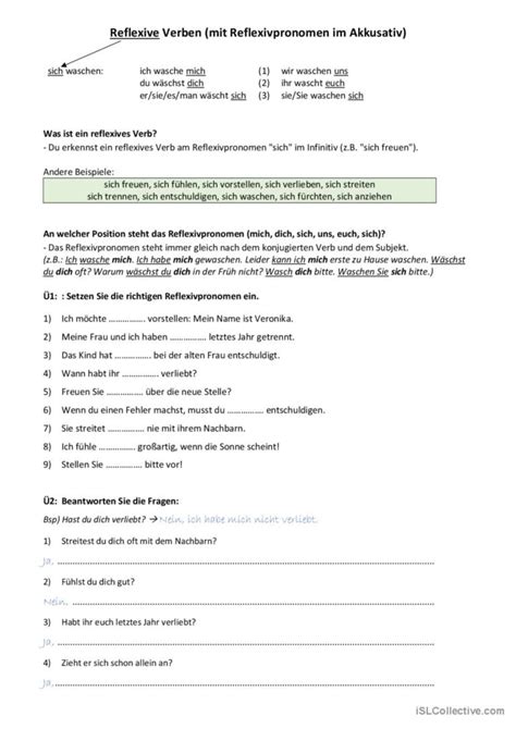 Reflexive Verben Mit Reflexivpronome Deutsch Daf Arbeitsbl Tter Pdf Doc