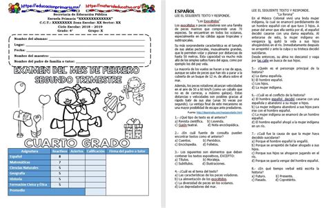 Examen Del Cuarto Grado Del Mes De Febrero Del Segundo Trimestre Del