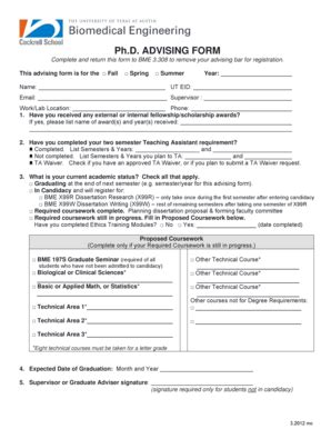 Fillable Online Bme Utexas Ph D Advising Form Bme Utexas Fax Email