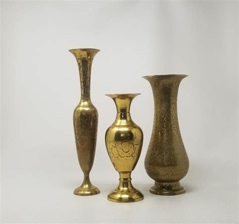 Vintage Etched Brass Bud Vases India Brass Set Of Three Etsy Bud