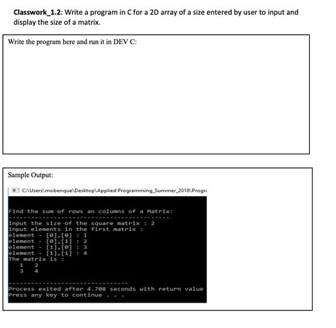 Solved Classwork12 Write A Program In C For A 2d Array Of