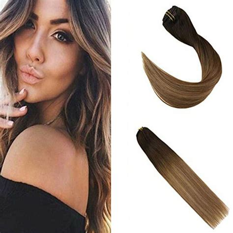 Ugeat 10Pcs Balayage Color Clip In Real Human Hair Extensions Double