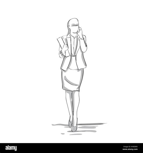 Sketch Silhouette Of Confident Business Woman Talking On Phone Stock