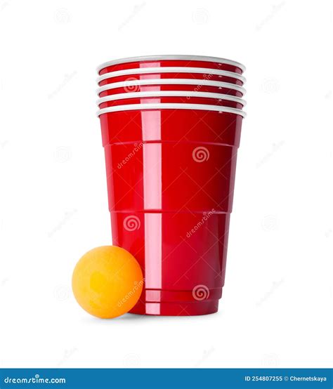 Red Plastic Cups And Ball For Beer Pong On White Background Stock Image