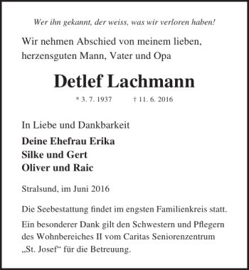 Traueranzeigen Von Detlef Lachmann Trauer Anzeigen De