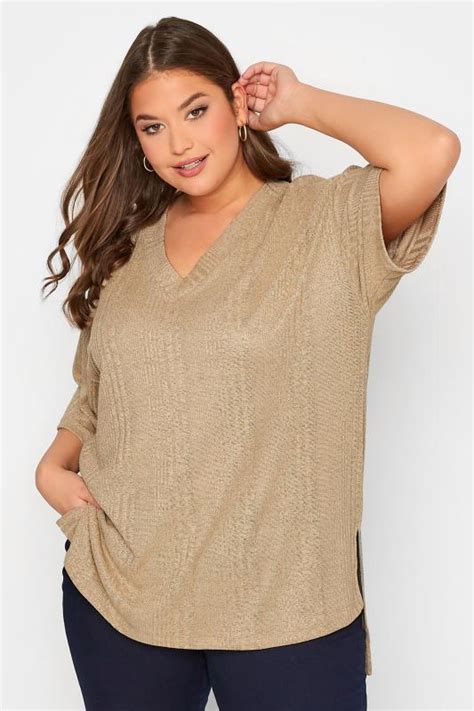 Plus Size Beige Brown Textured V Neck Top Yours Clothing