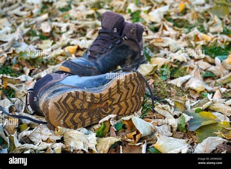 Old Dirty Boots After Hiking Mud At The Boots Stock Photo Alamy