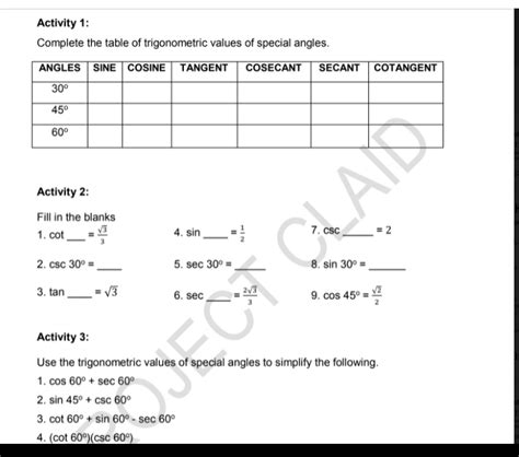 Solved Activity 1 Complete The Table Of Trigonometric Values Of