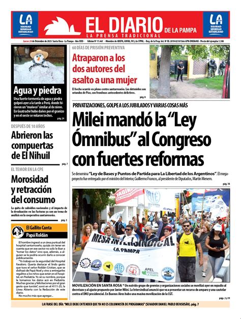 Tapa De El Diario En Papel Jueves De Diciembre De El Diario