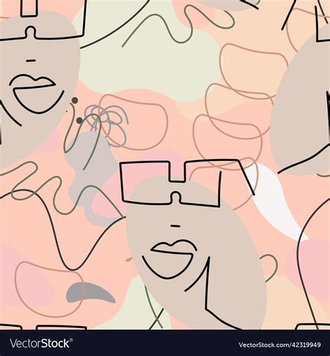 One Line Drawing Abstract Face Seamless Pattern Vector Image