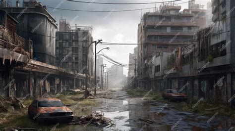 Premium Ai Image Postapocalyptic Ruined City Destroyed Buildings