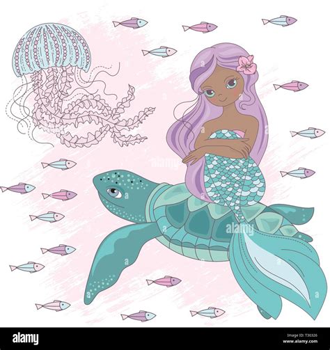 MERMAID ON TURTLE Underwater Princess Cartoon Ocean Summer Tropical Cruise Vacation Vector ...