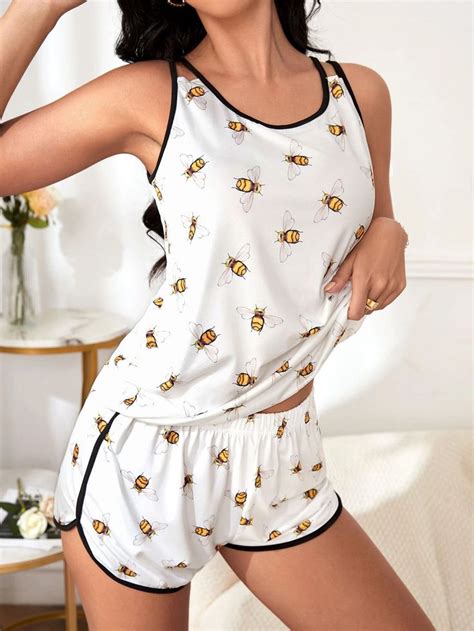 Bee Print Contrast Binding Pj Set Shein Uk Bee Print Pj Sets Pajama