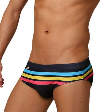 Men Bright Striped Swim Briefs Swimwear Trunks Surfboard Beach Shorts