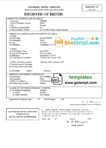 Australia Australian Capital Territory Birth Certificate Template In