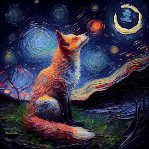 Red Fox Starry Night Ai Generated Fantasy Fox Wall Décor Print For