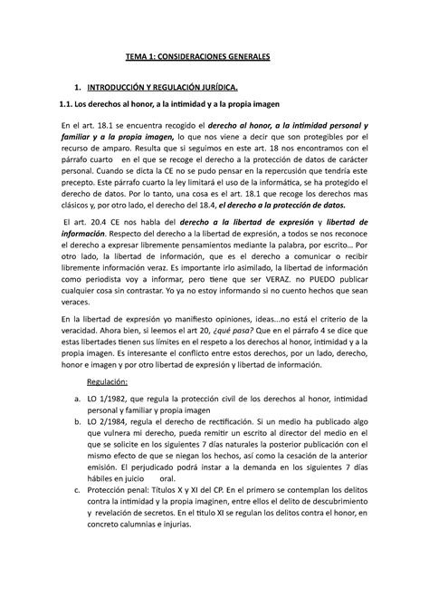 Temas 1 2 3 Y 4 De Derecho Al Honor A La Intimidad Y A La Propia