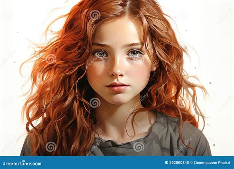 Portrait Of A Beautiful Red Haired Girl With Long Curly Hair Ai