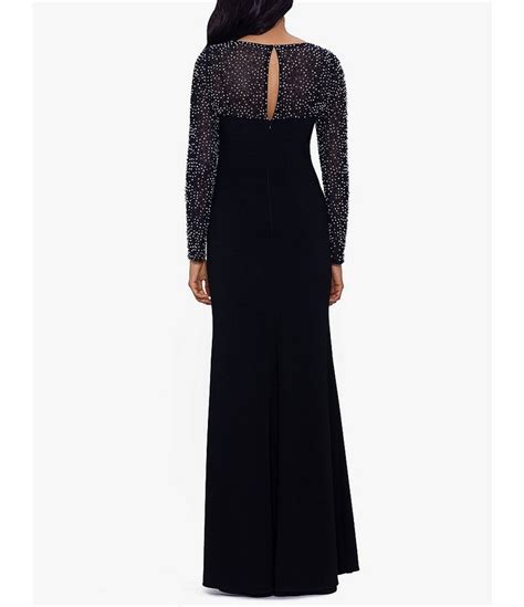 Betsy And Adam Beaded Illusion Long Sleeve Neck Cut Out Sheath Gown