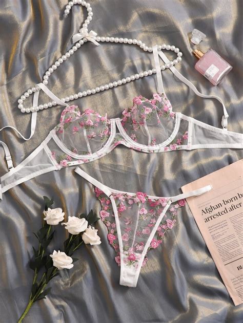 Floral Embroidery Mesh Lingerie Set Shein