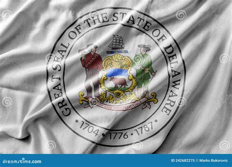 Waving Detailed National US Country State Flag Of Delaware Seal Stock