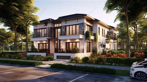 3d Rendering Of Estate Townhouse With A Front View Design Background