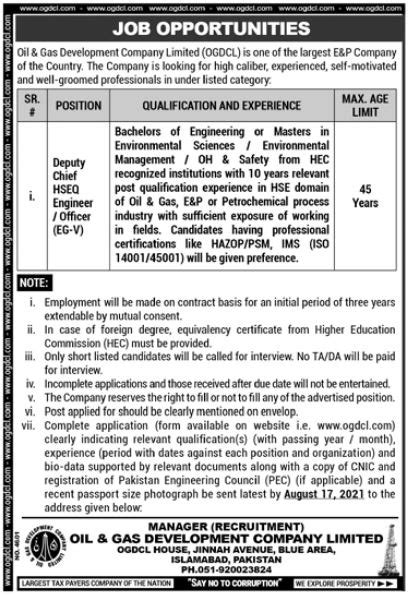 OGDCL Islamabad Jobs 2201 For Deputy Chief 2024 Job Advertisement Pakistan